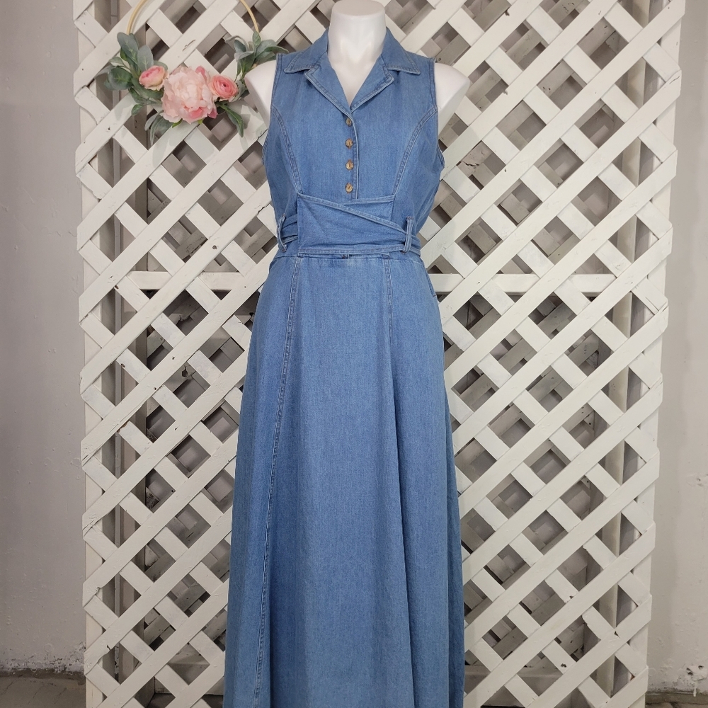 Vintage PG Collections Open Back Denim Tie Waist Midi Dress Size Small